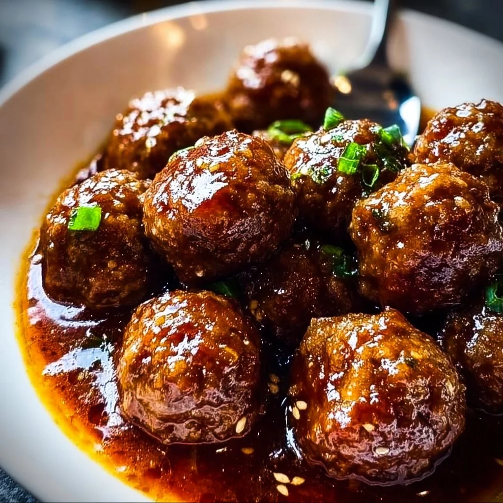 Plate of flavorful Korean BBQ meatballs garnished with herbs