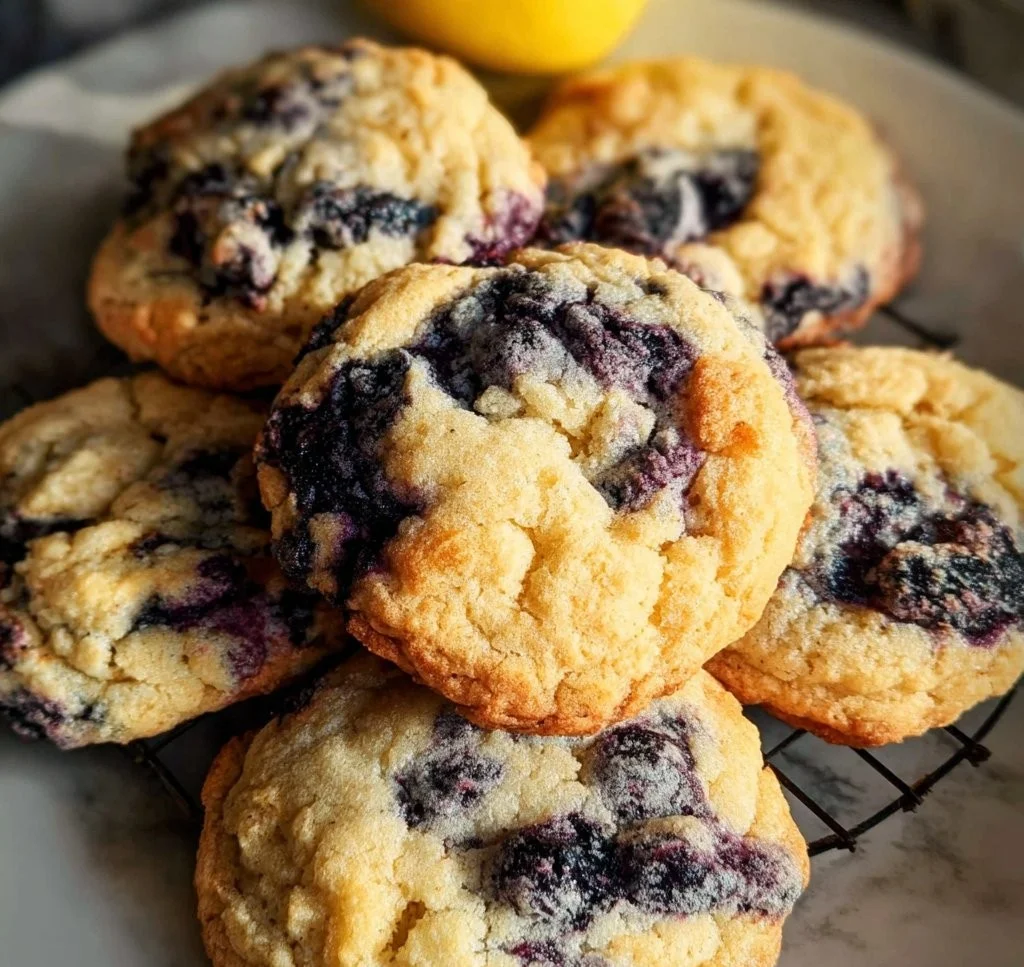 Freshly baked lemon blueberry cookies on a cooling rack.