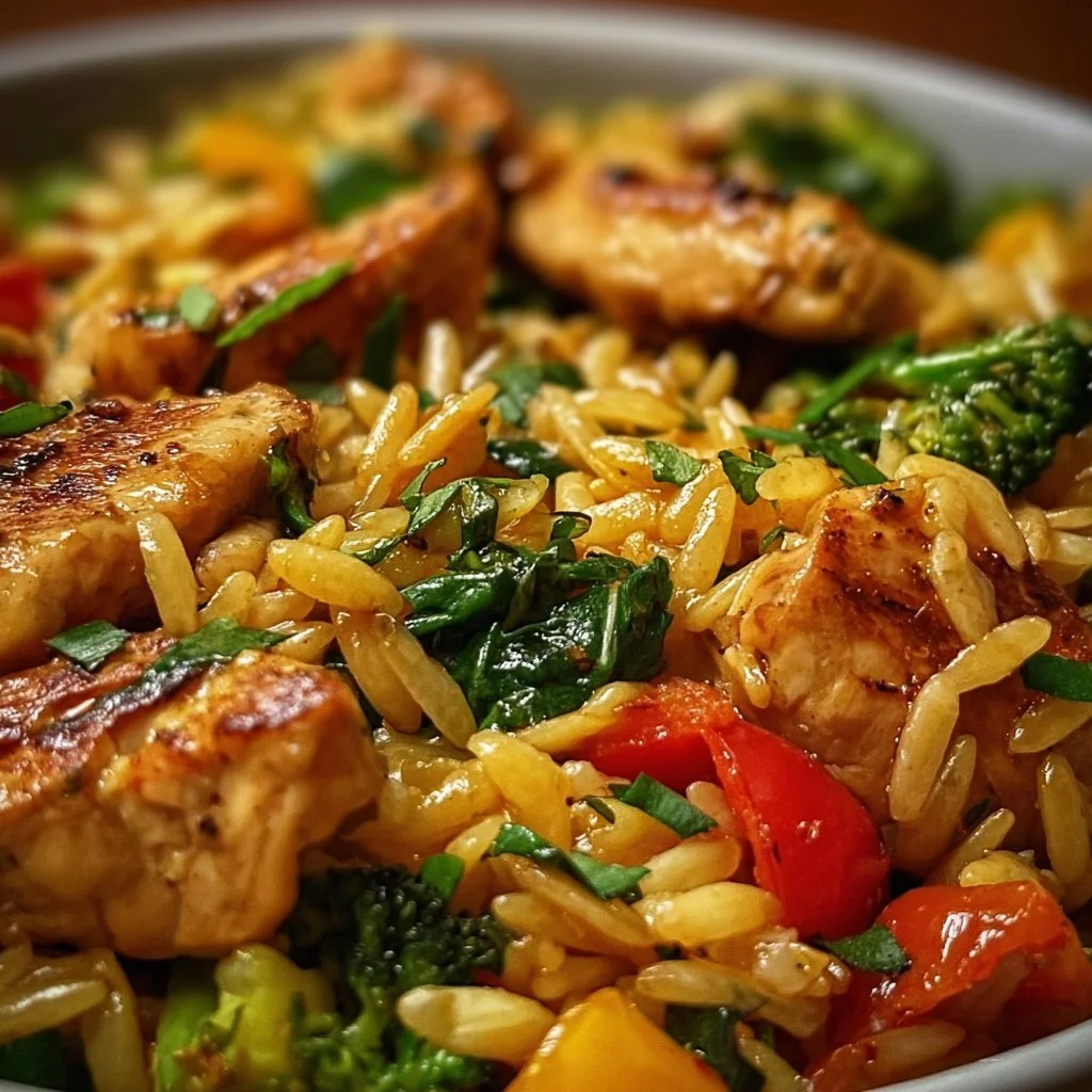 Lemon chicken stir fry with vegetables and orzo served in a bowl