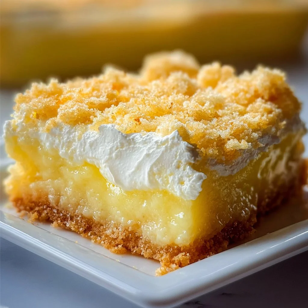 Delicious Lemon Cream Cheese Dump Cake served on a plate with a slice cut out