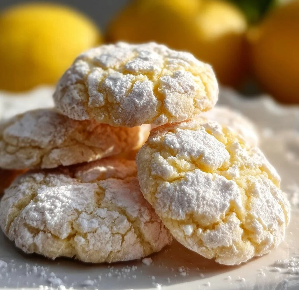Delicious Lemon Crinkle Cookies with powdered sugar coating on a plate