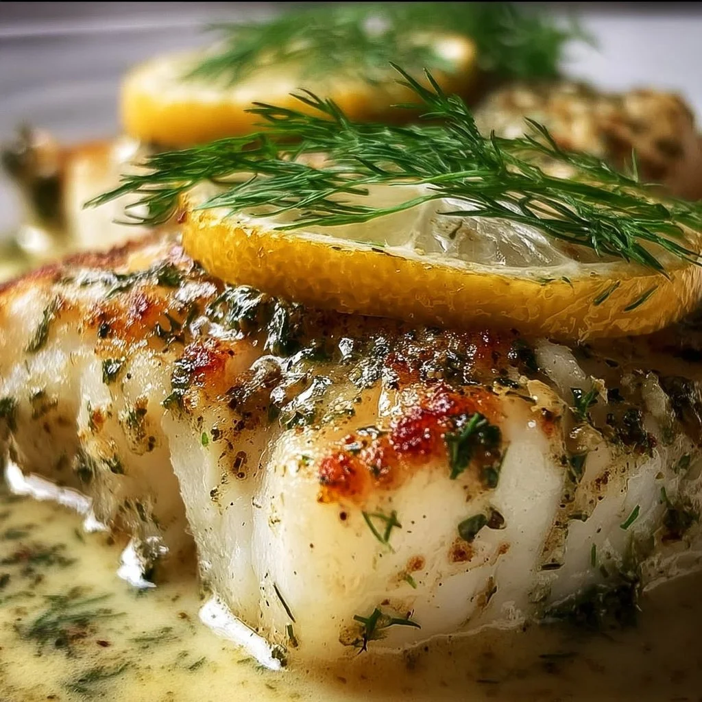 Delicious Lemon Dill Baked Cod served with fresh herbs and lemon slices.
