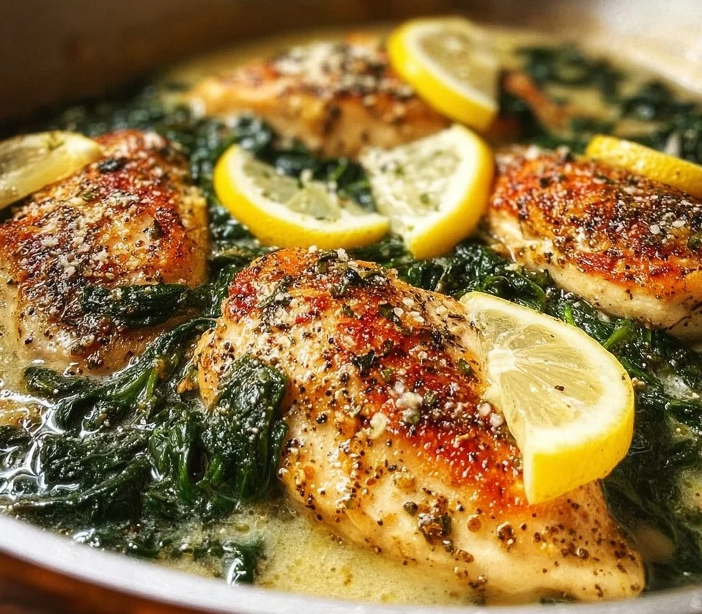 Delicious Lemon Parmesan Spinach Chicken plated with a garnish