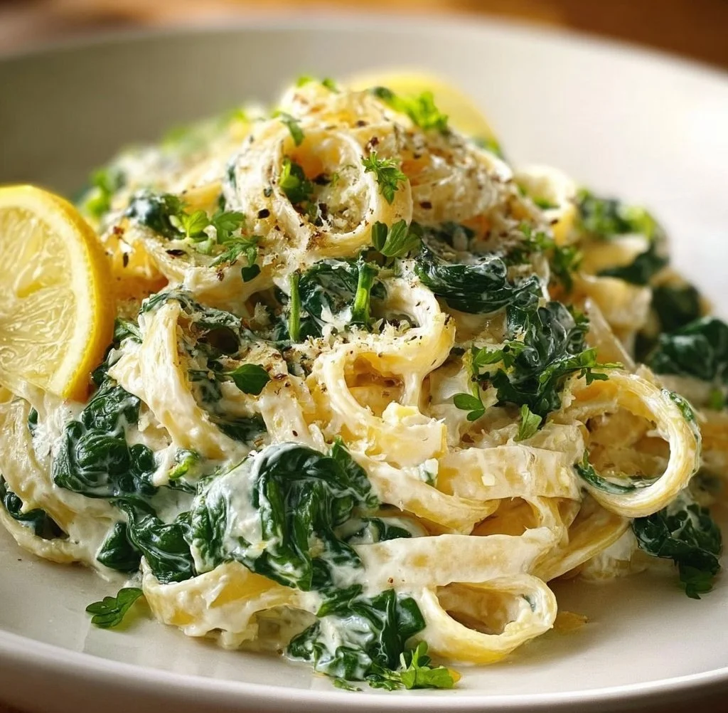 Lemon Ricotta Pasta with Spinach garnished with fresh herbs