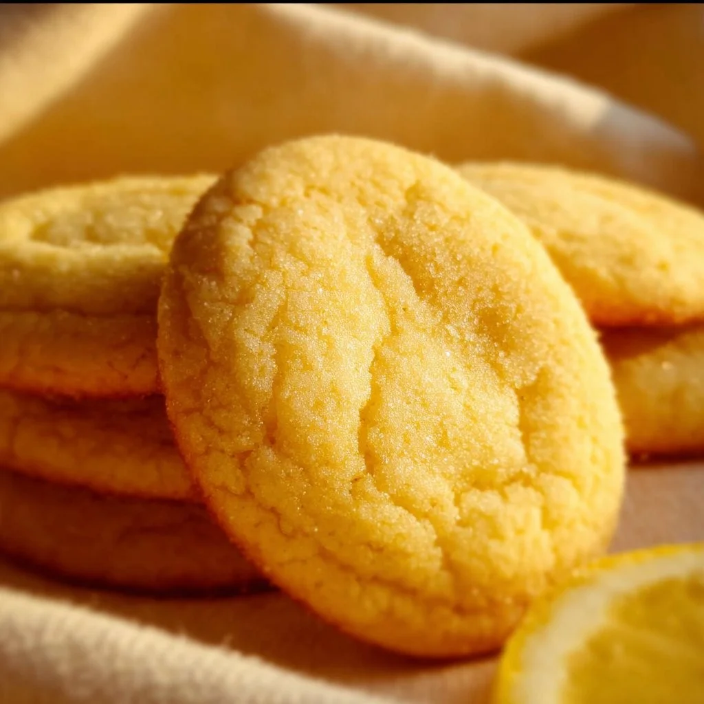 Freshly baked lemon sugar cookies on a plate, decorated with lemon zest.