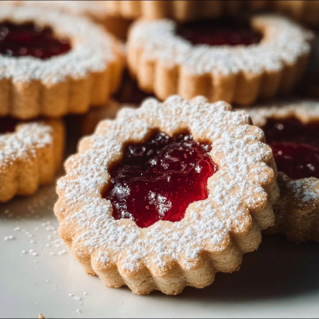 Homemade Linzer Cookies filled with raspberry jam and powdered sugar on top