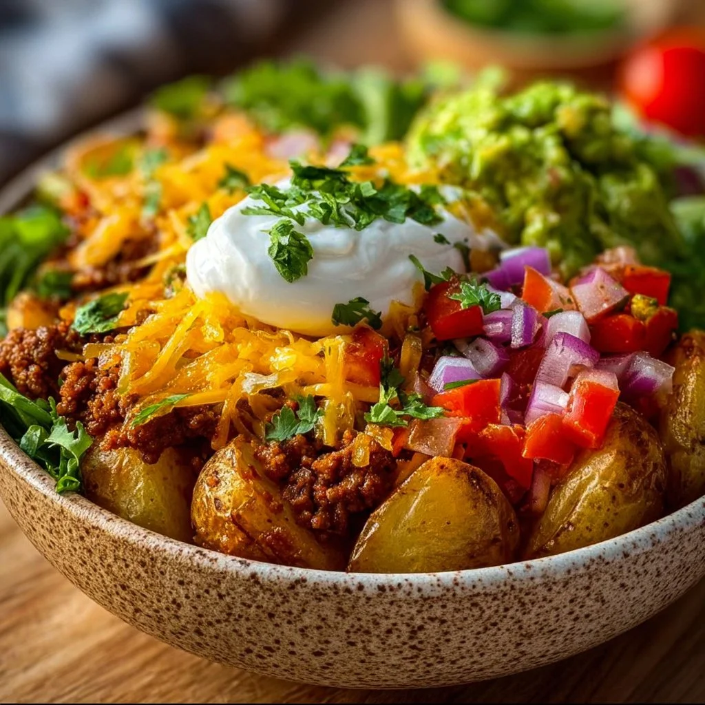 Delicious loaded potato taco bowl featuring crispy potatoes and fresh toppings.