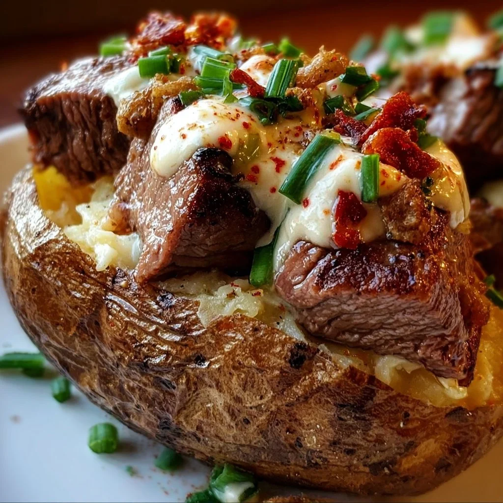Loaded Steak Potato topped with juicy steak and fresh ingredients