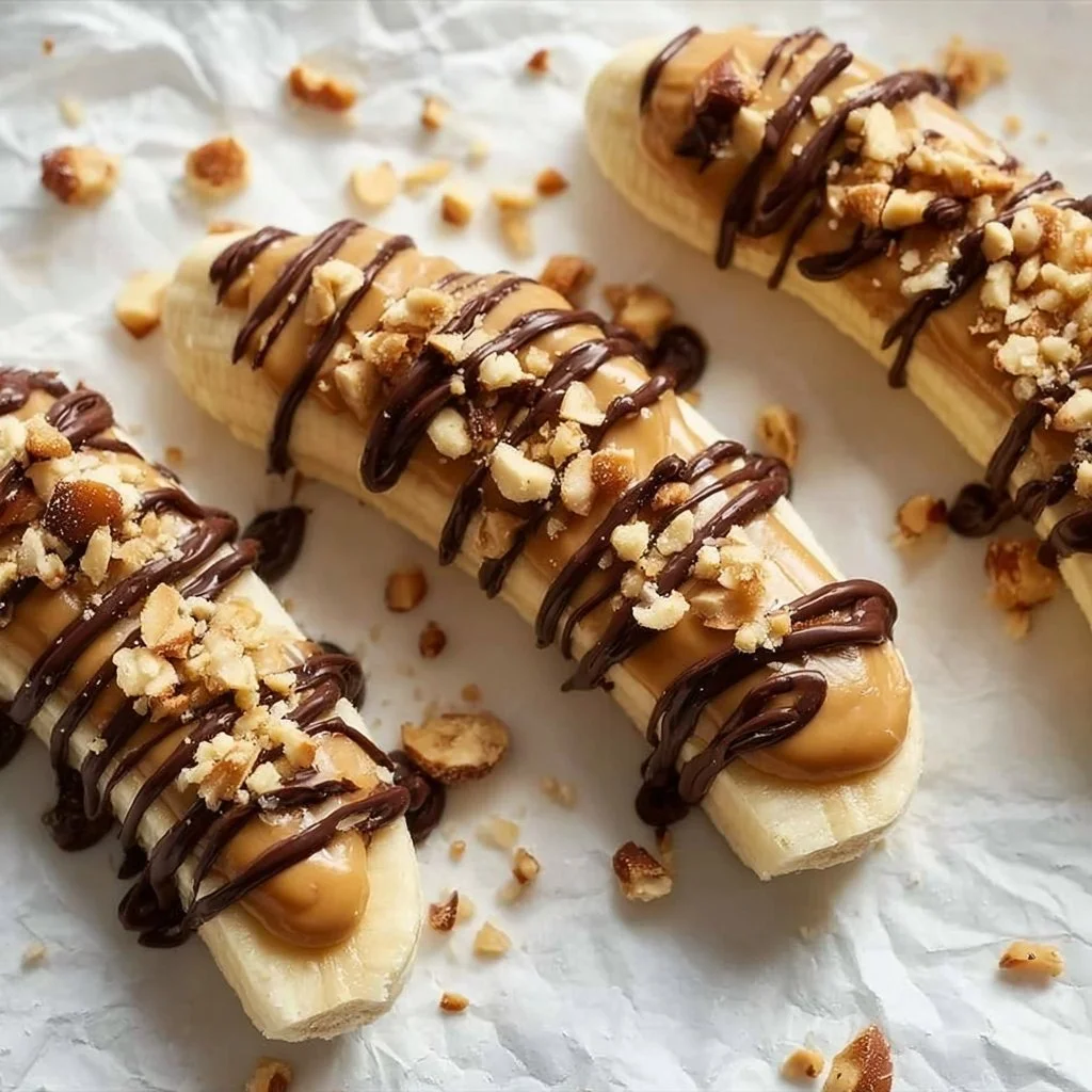 Delicious low calorie frozen banana snickers dessert with chocolate and peanut butter.