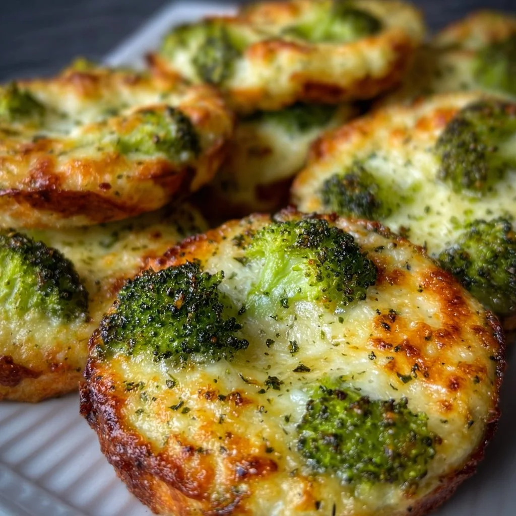 Baked low carb broccoli cheese rounds on a plate, ideal for healthy snacking.