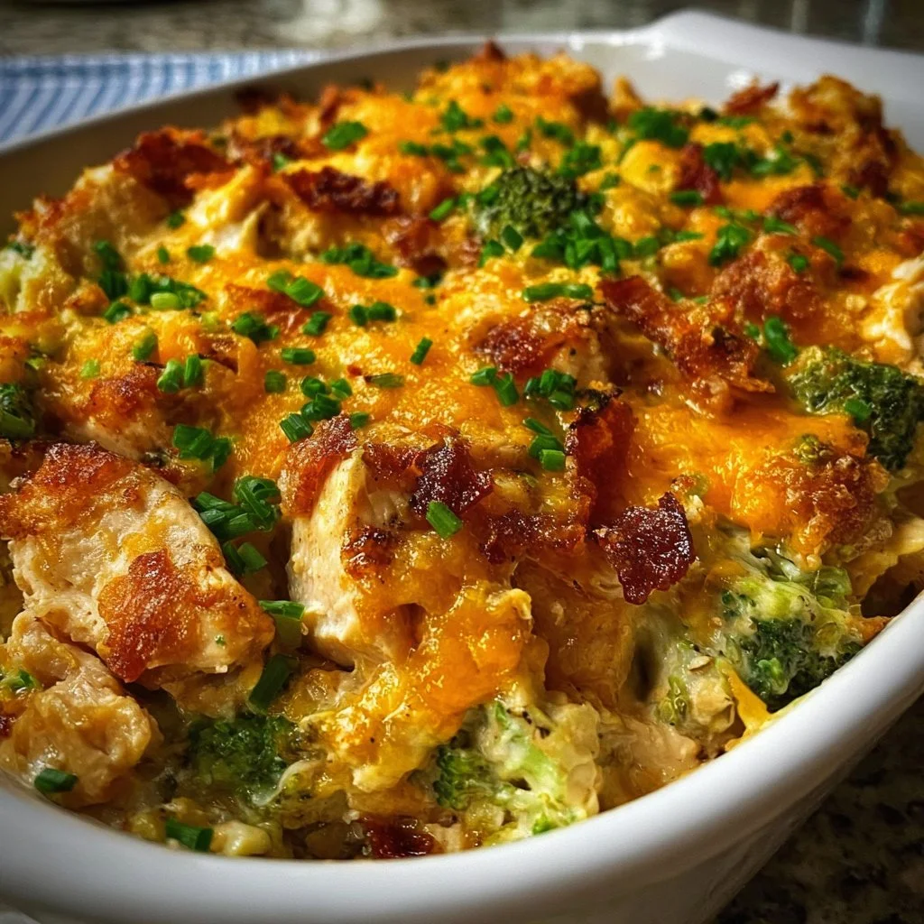 Low Carb Chicken Casserole served in a baking dish with vegetables