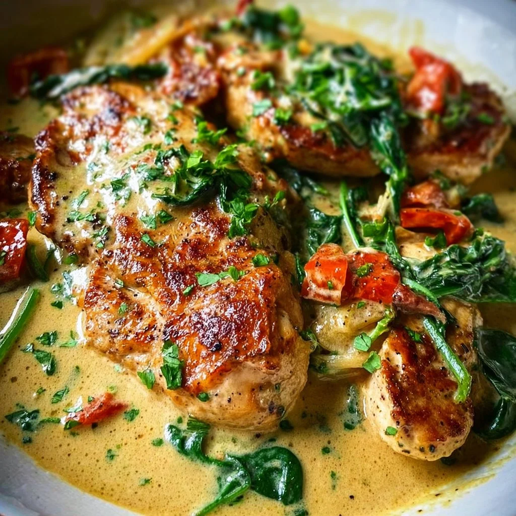 Plate of low carb creamy Tuscan chicken garnished with herbs