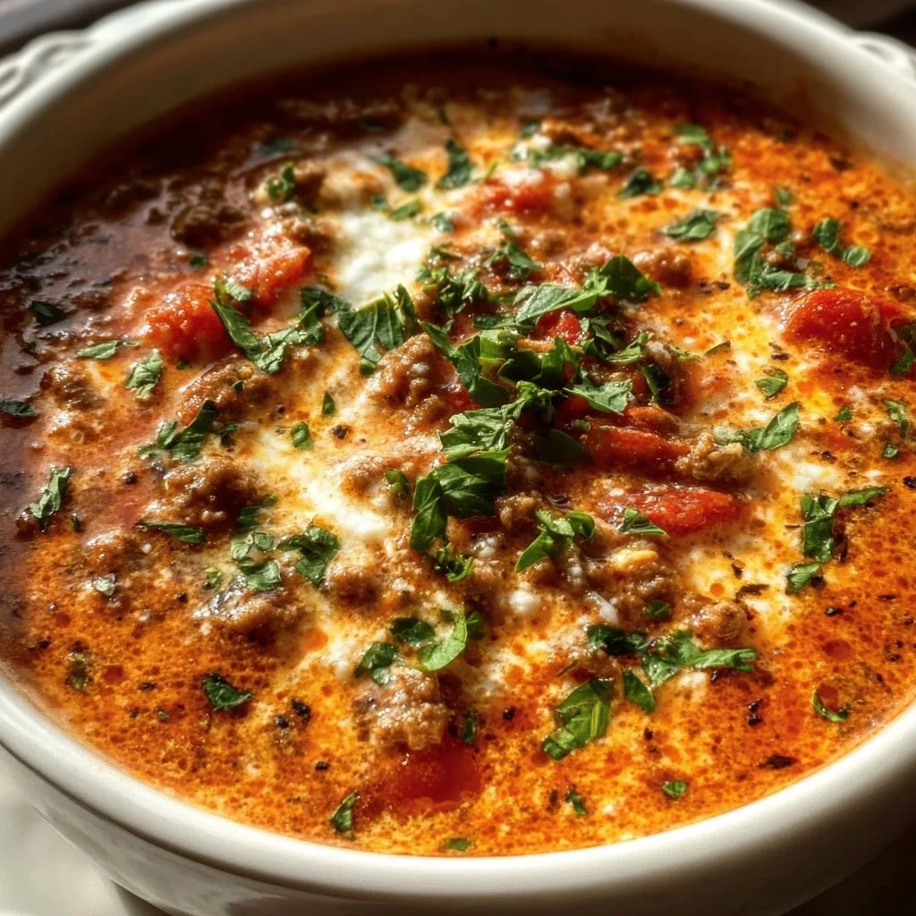 A bowl of low carb lasagna soup topped with cheese and herbs