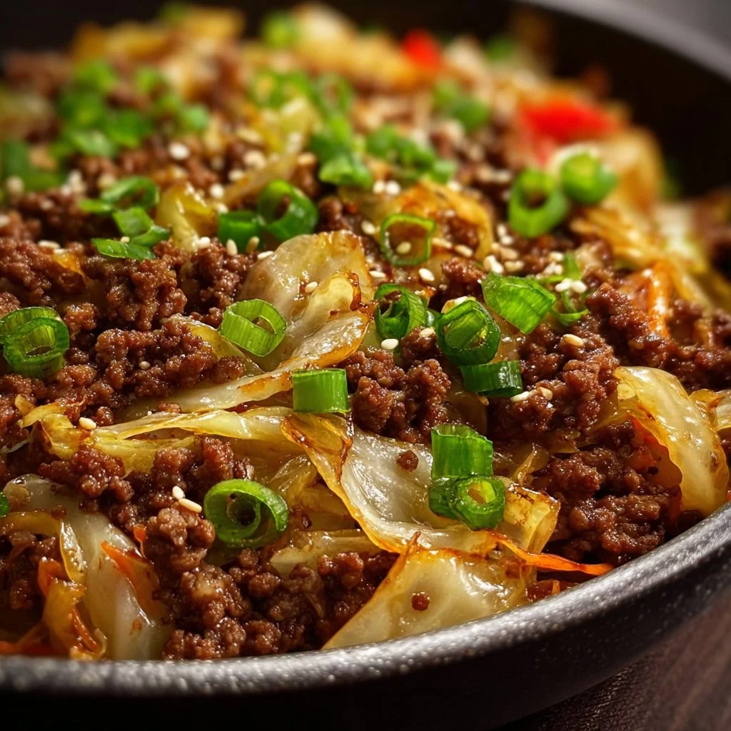 Low-carb Mongolian ground beef dish with cabbage on a plate