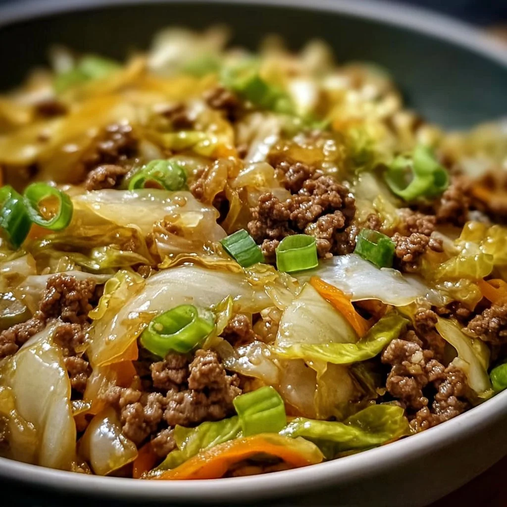 Low-carb Mongolian ground beef and cabbage dish served in a bowl