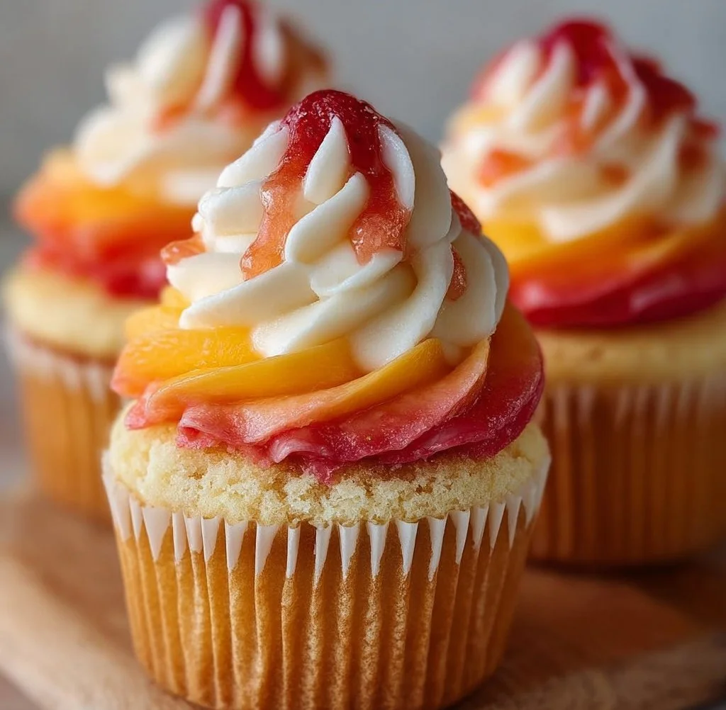 Mango Strawberry Cupcakes decorated with fresh fruits and frosting.