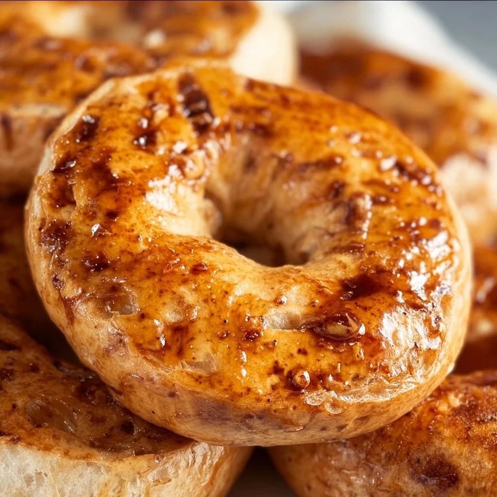 Maple French Toast Bagels served with syrup and fresh fruit