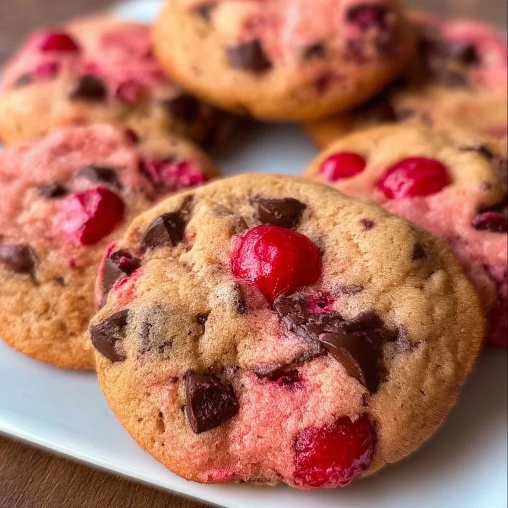 Maraschino cherry chocolate chip cookies on a plate