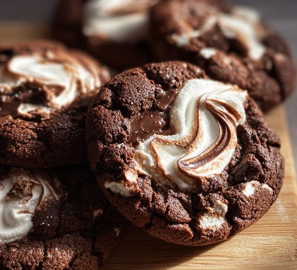 Freshly baked marshmallow chocolate cookies on a cooling rack