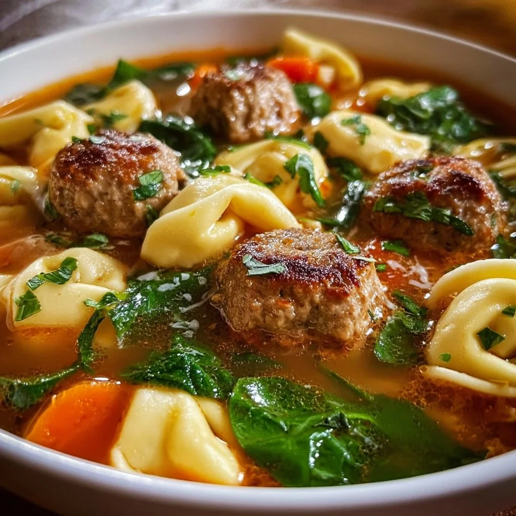 Bowl of Meatball Tortellini Soup filled with meatballs and tortellini