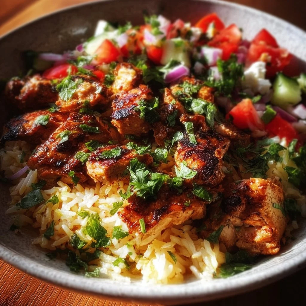 Mediterranean Chicken and Rice Bowl with vibrant vegetables and herbs