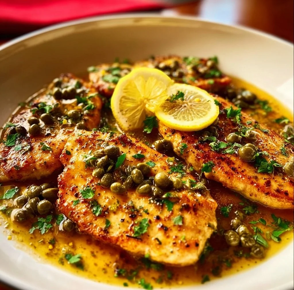 Delicious Mediterranean Chicken Piccata served with lemon and capers.