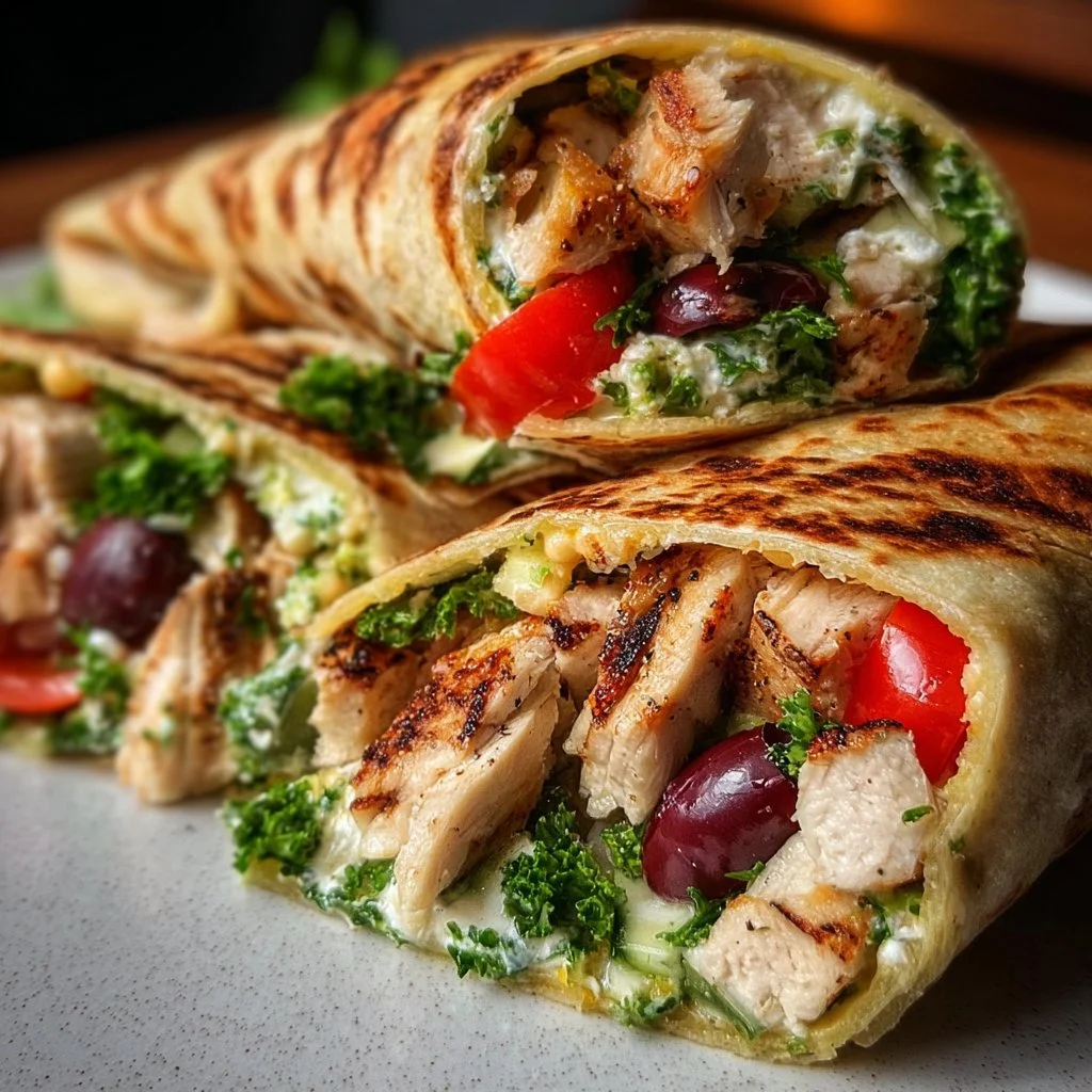 Mediterranean chicken wraps served with fresh vegetables and herbs