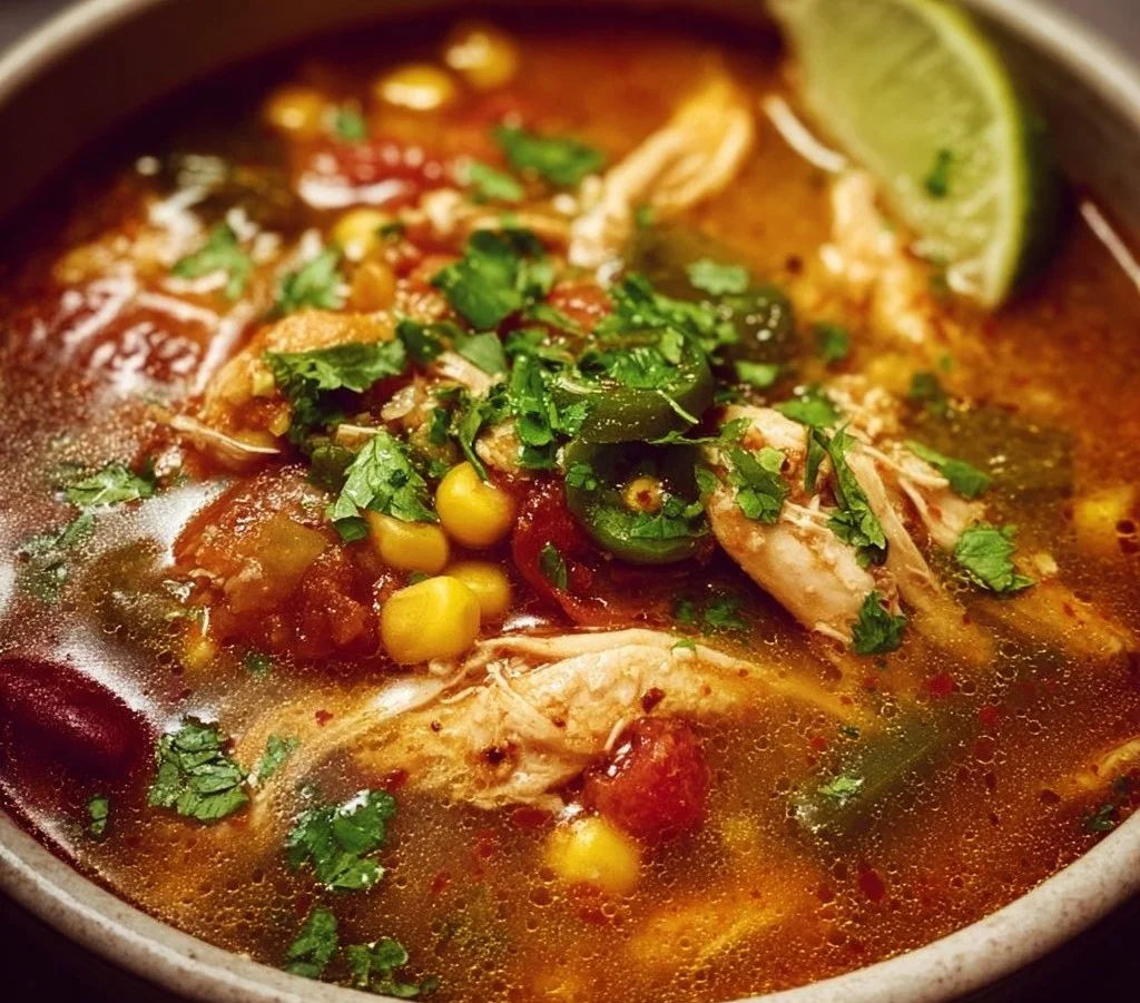 Bowl of delicious Mexican Chicken Soup garnished with cilantro and lime