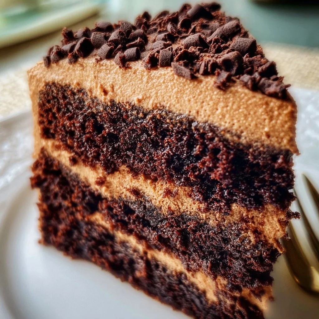 Slice of moist Mexican Chocolate Cake with rich frosting