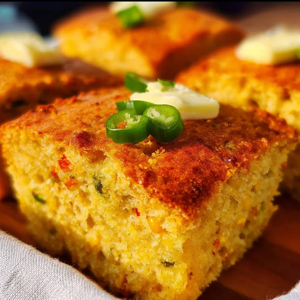 Slice of moist and flavorful Mexican Cornbread on a rustic wooden table