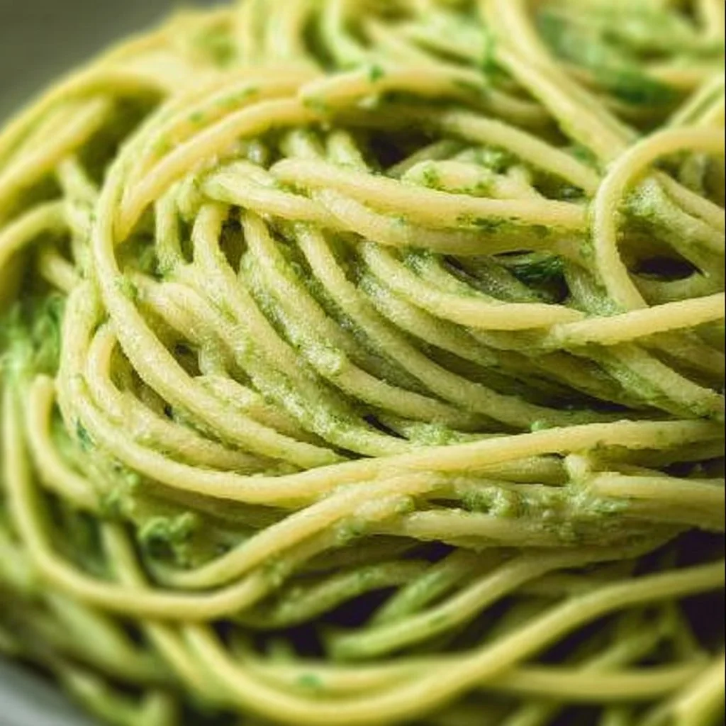 A plate of delicious Mexican green spaghetti garnished with fresh herbs.