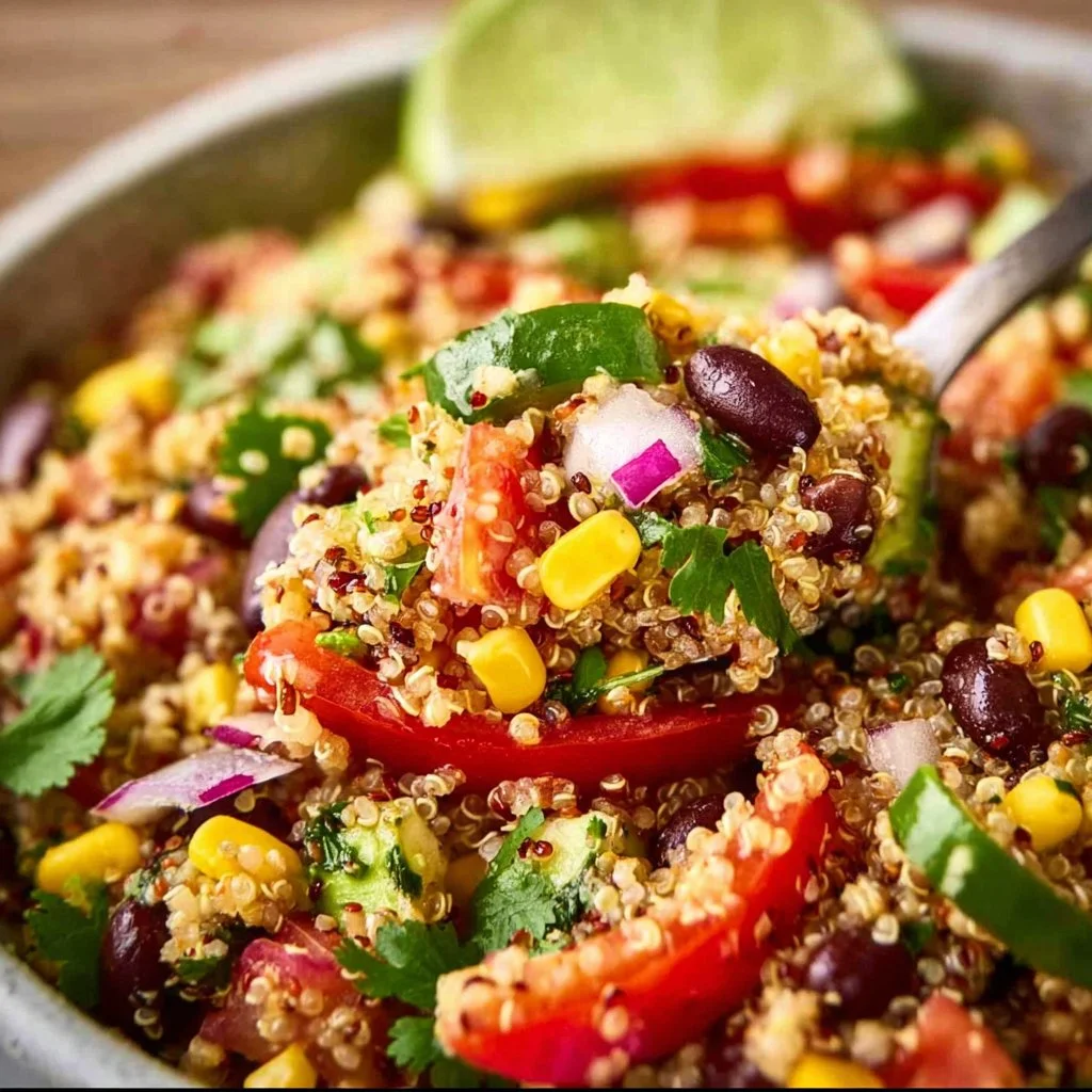 Colorful Mexican quinoa salad with fresh vegetables and cilantro dressing