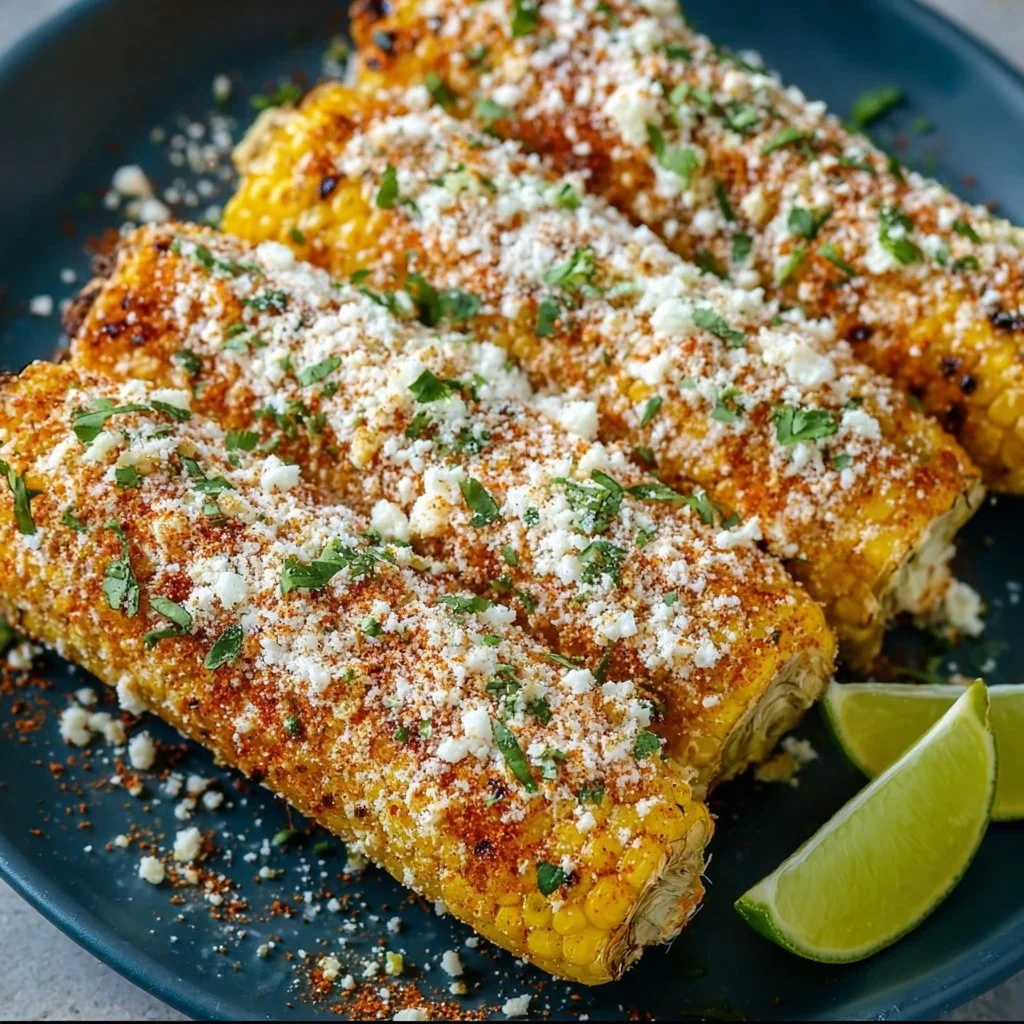 Delicious Mexican Street Corn topped with cheese and spices on a rustic wooden table.