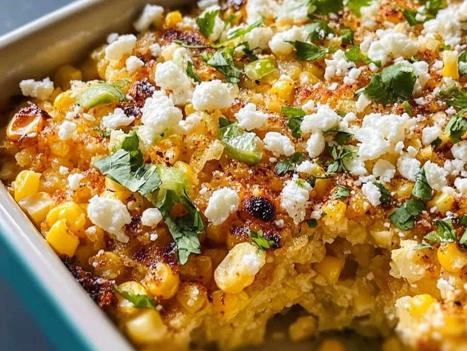 Delicious Mexican street corn casserole served in a baking dish