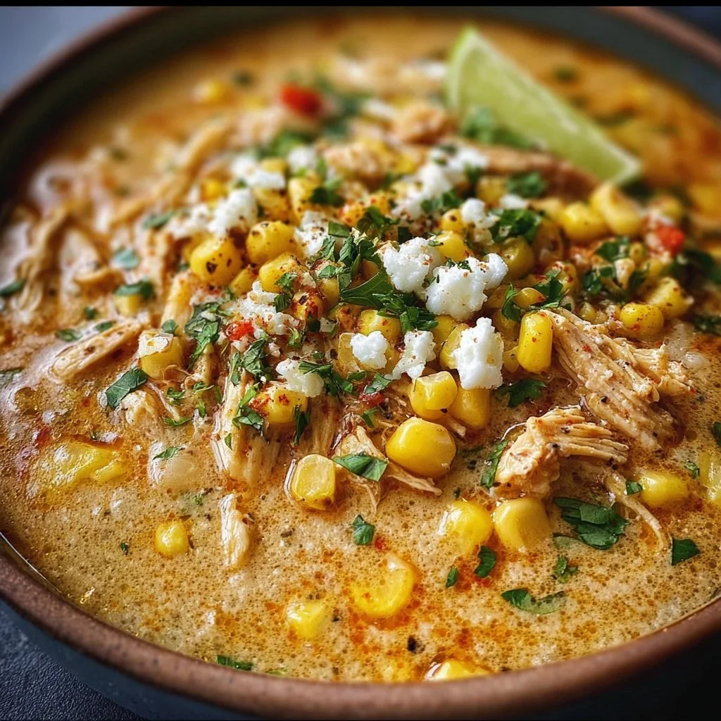 Bowl of Mexican Street Corn White Chicken Chili garnished with herbs