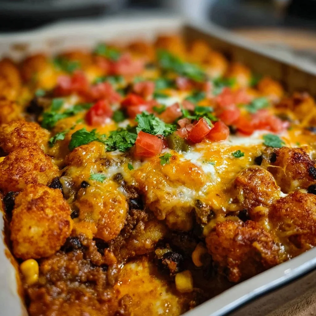 Delicious Mexican Tater Tot Casserole topped with cheese and spices