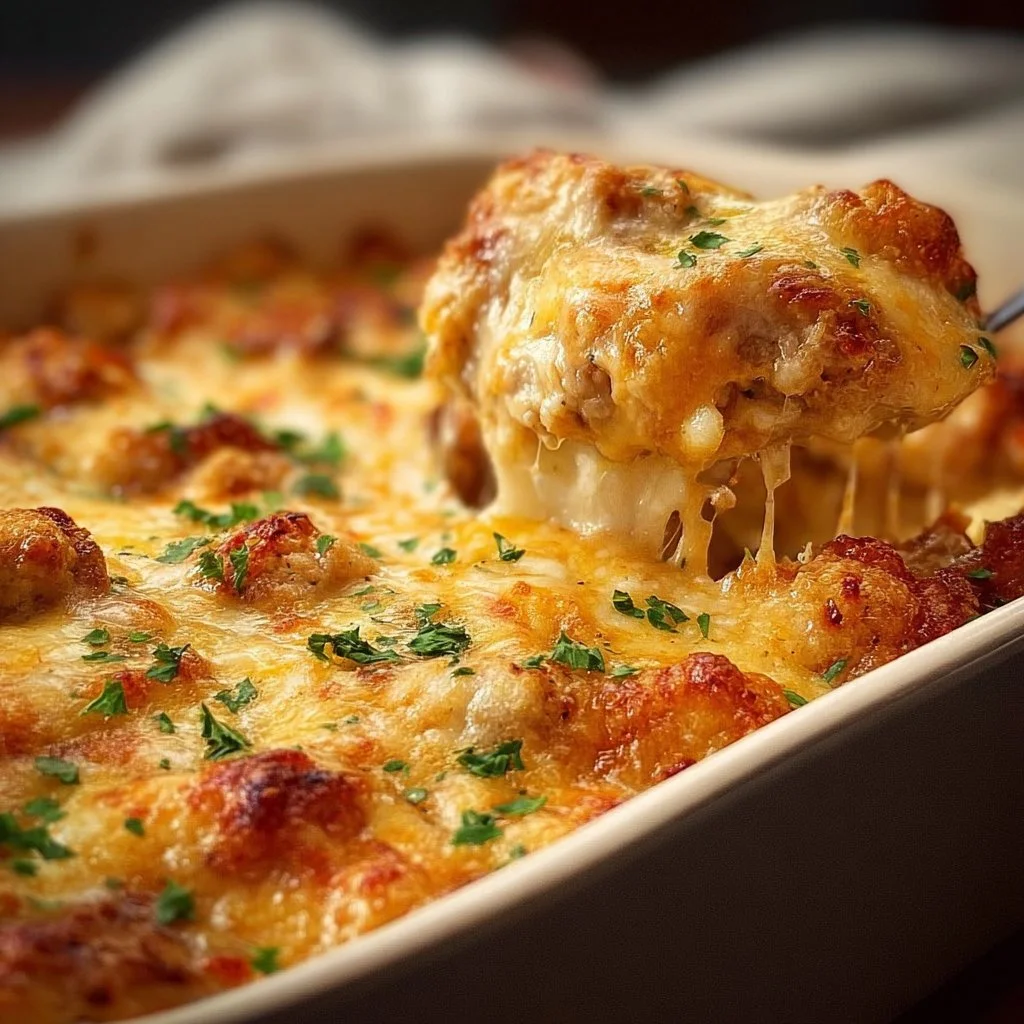 Delicious Million Dollar Chicken Casserole topped with cheese and herbs.
