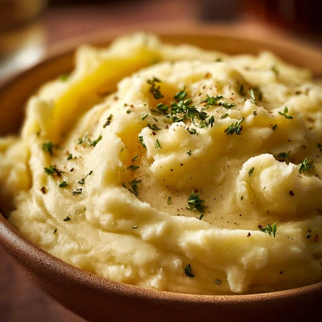 Bowl of creamy Million Dollar Mashed Potatoes topped with fresh herbs