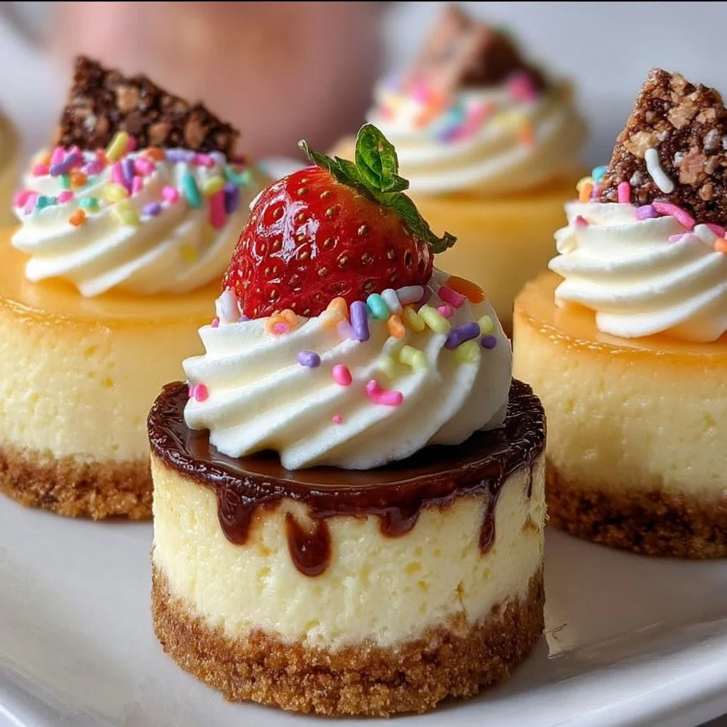 Mini birthday cheesecakes topped with colorful sprinkles