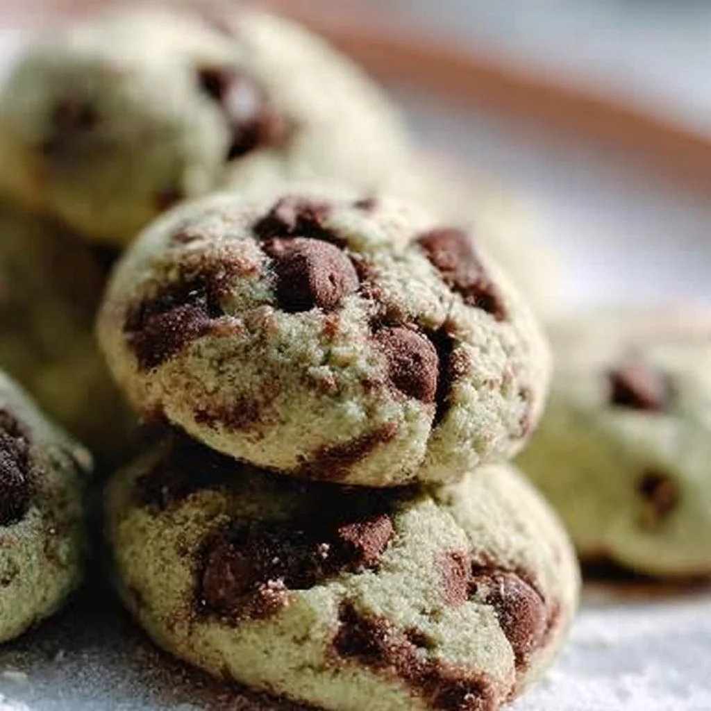 Freshly baked Mint Chocolate Cookies with chocolate chips and mint leaves