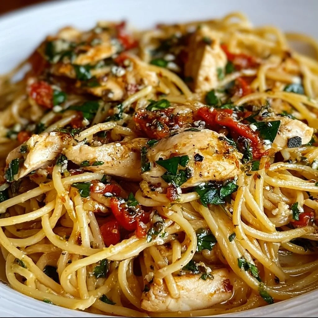 Delicious plate of Monterey Chicken Spaghetti garnished with herbs