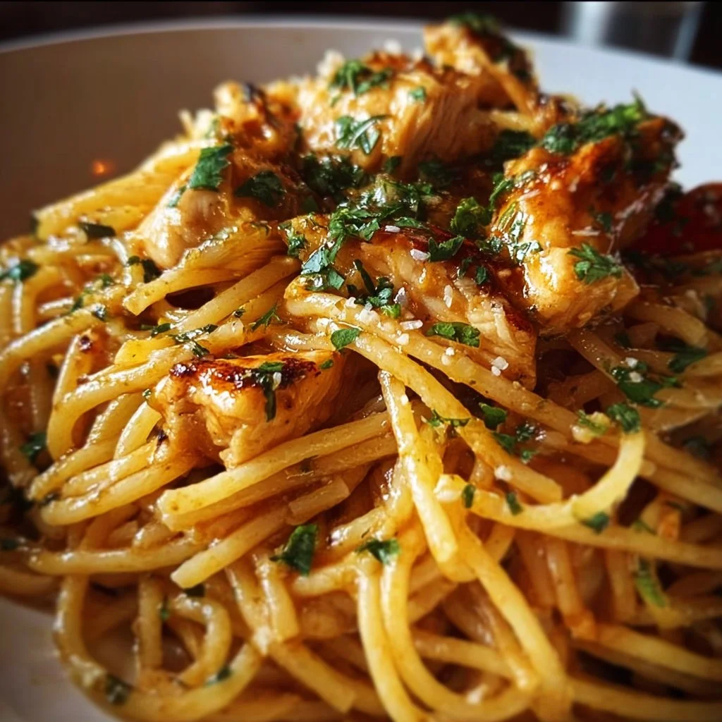 Plate of Monterey Chicken Spaghetti garnished with herbs and vegetables