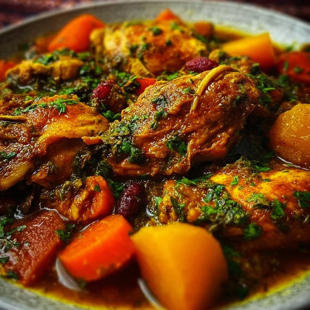 A flavorful Moroccan Chicken Stew garnished with fresh herbs and spices