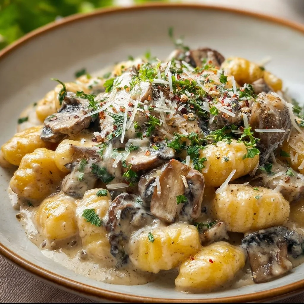 Delicious Mushroom Gnocchi in Parmesan Cream Sauce served on a plate