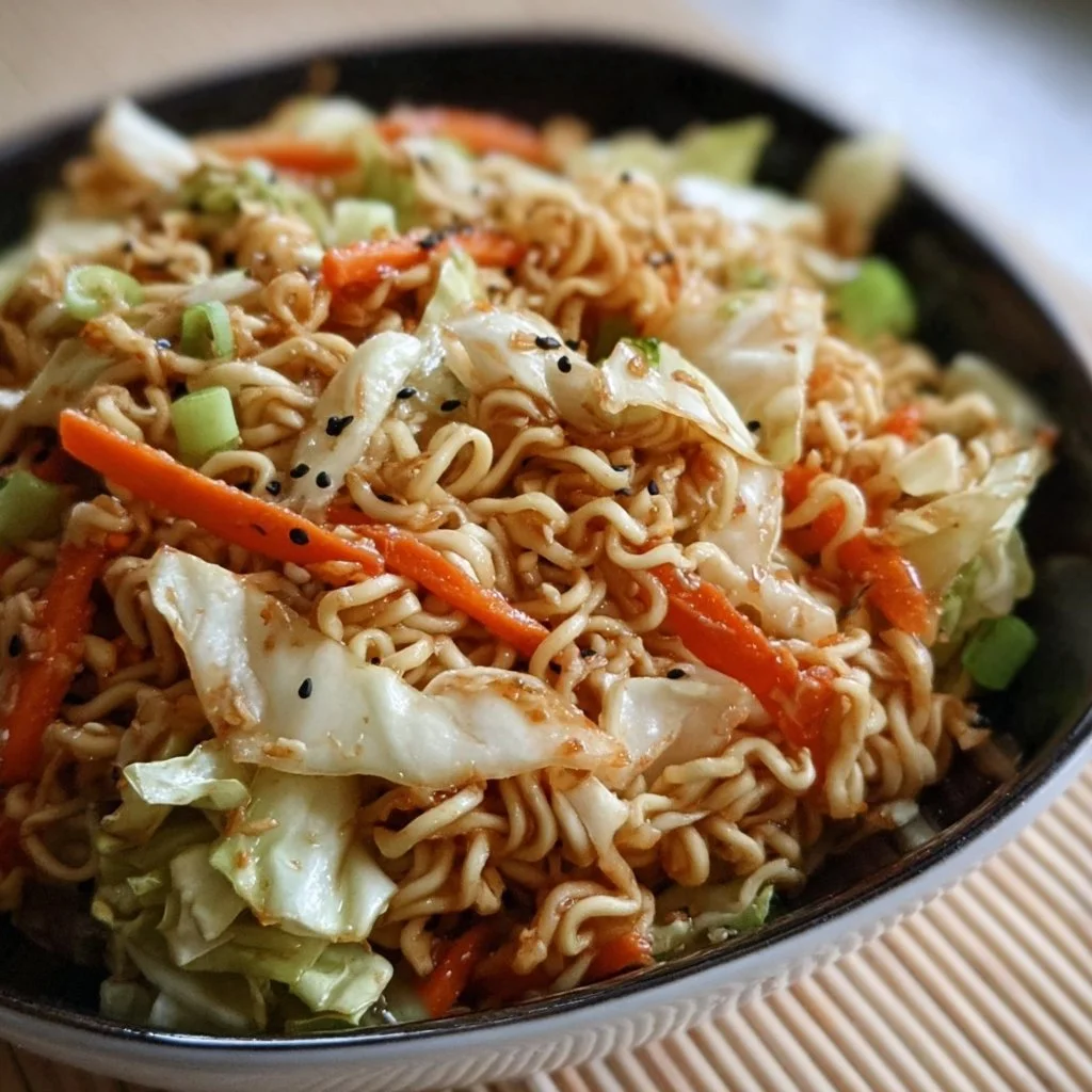 Napa Cabbage Salad with Ramen Noodles and Veggies in a Bowl