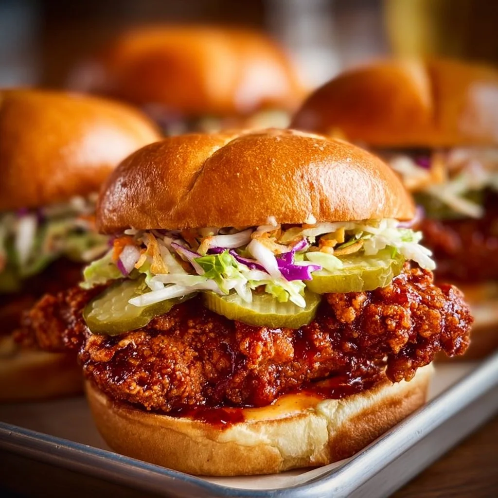 Nashville hot chicken sandwich with spicy sauce and pickles