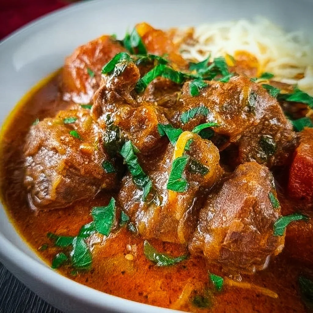 A bowl of Nigerian beef stew with vegetables and spices
