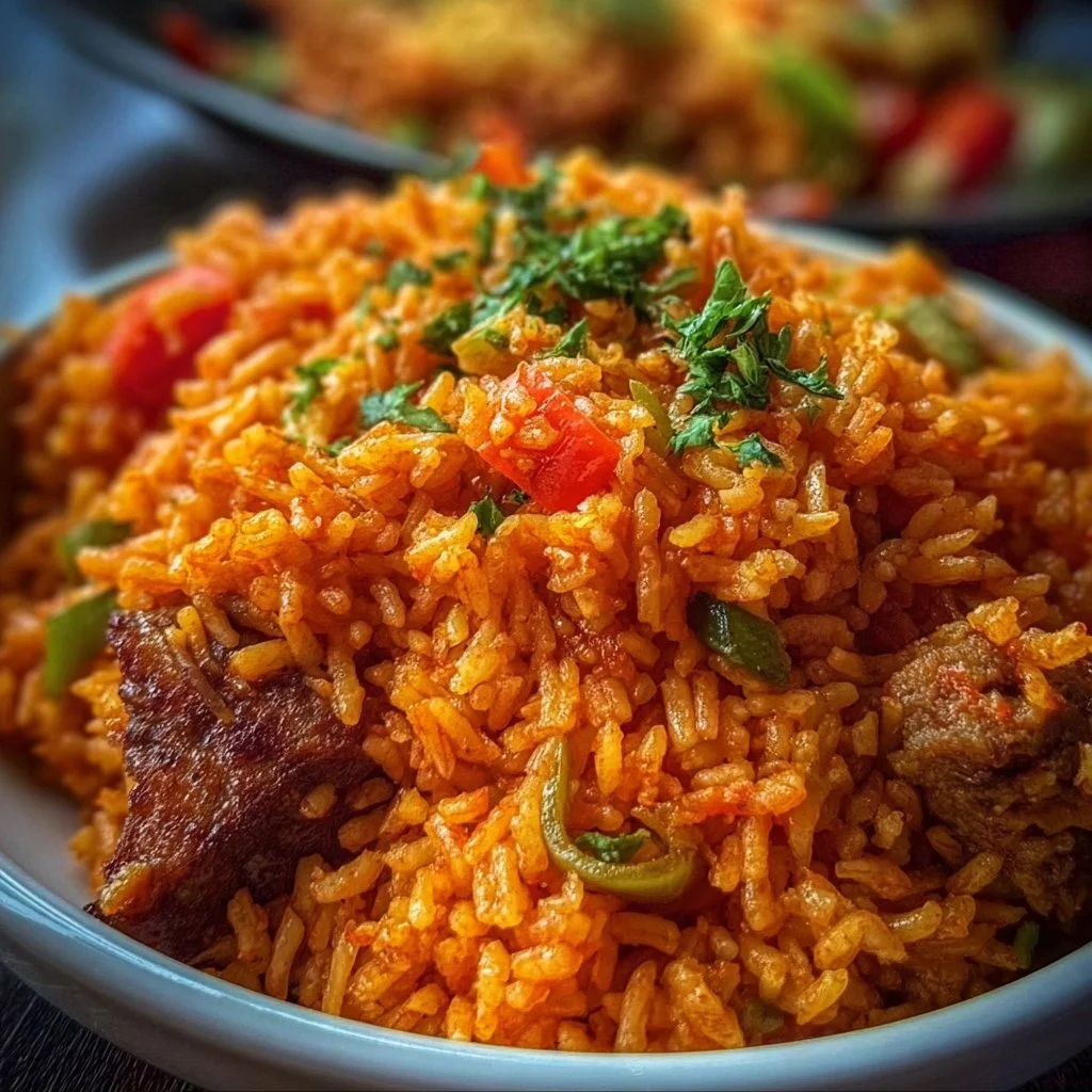 Delicious Nigerian Jollof Rice served with tomatoes and spices