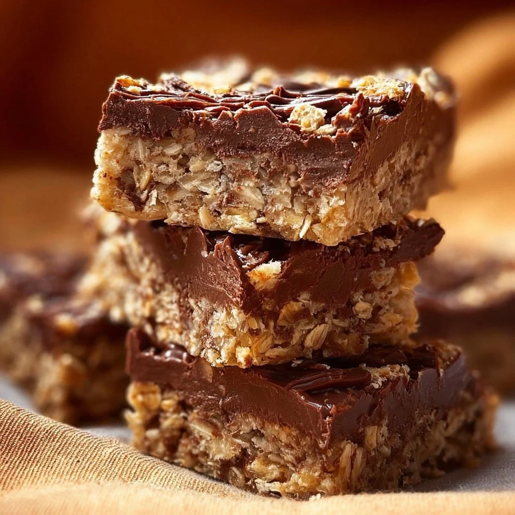 No bake chocolate oatmeal bars stacked on a plate, ready to enjoy.