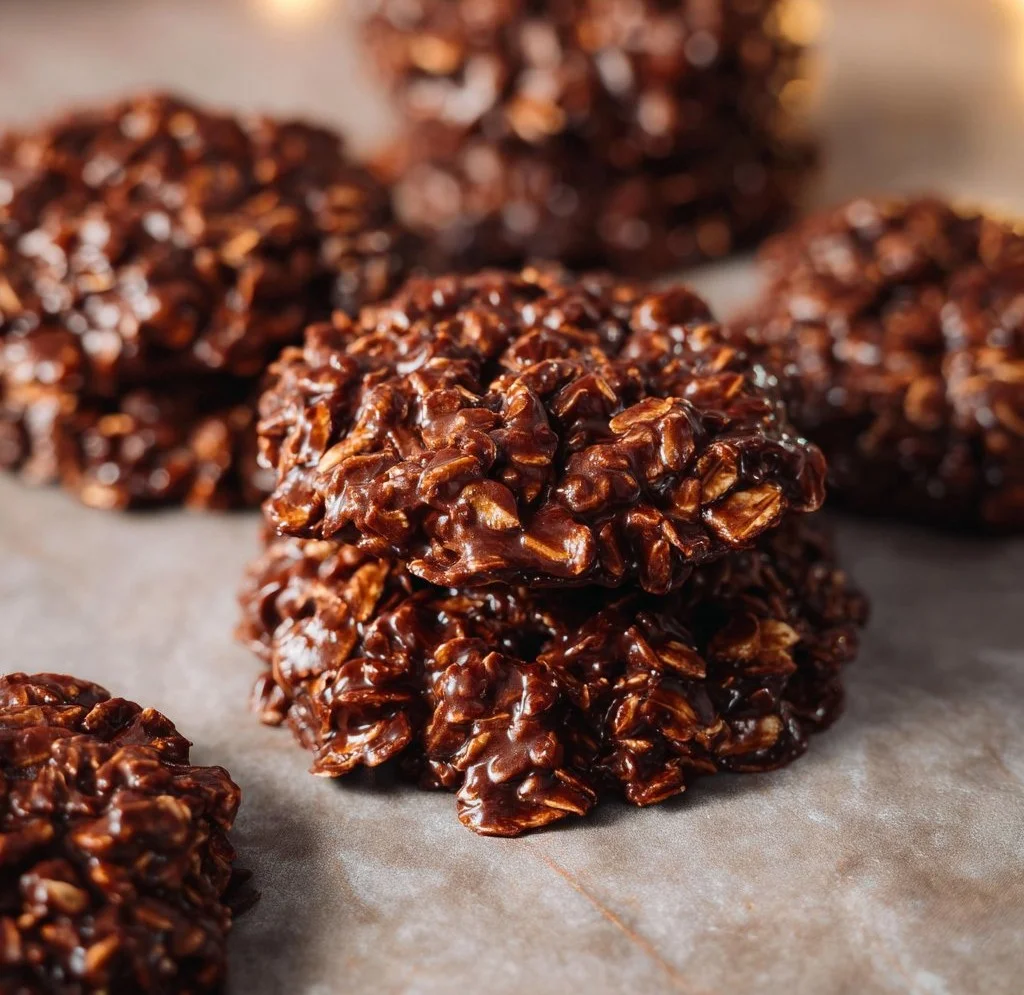 Delicious no bake chocolate oatmeal cookies stacked on a plate.